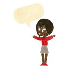 cartoon woman with open arms speech bubble N16
