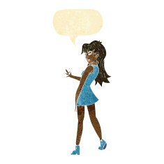 cartoon woman posing in dress with speech bubble N4