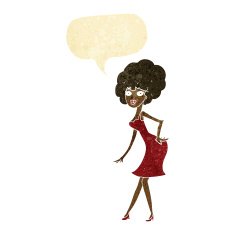 cartoon woman posing in dress with speech bubble N5