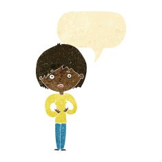 cartoon woman making Who Me? gesture with speech bubble N8