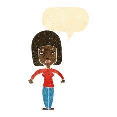 cartoon woman shrugging shoulders with speech bubble N86