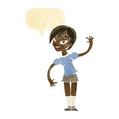 cartoon girl waving with speech bubble N5