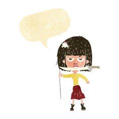 cartoon woman with knife and harpoon speech bubble N2