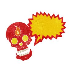 cartoon mystic skull with speech bubble