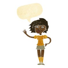 cartoon woman waving with speech bubble N56