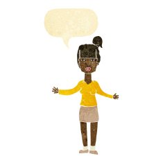 cartoon woman shrugging shoulders with speech bubble N92