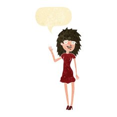cartoon happy woman waving with speech bubble N2