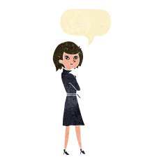 cartoon woman in trench coat with speech bubble N6