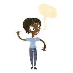 cartoon woman waving with speech bubble N57