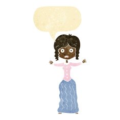 cartoon worried victorian woman with speech bubble