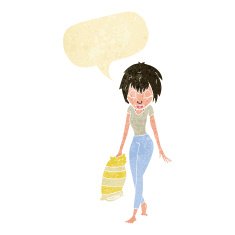 cartoon woman going to bed with speech bubble N2