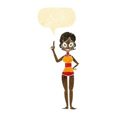 cartoon woman in striped swimsuit with speech bubble