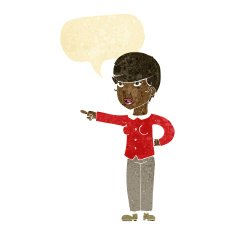 cartoon woman pointing finger of blame with speech bubble N2