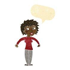 cartoon woman shrugging shoulders with speech bubble N93