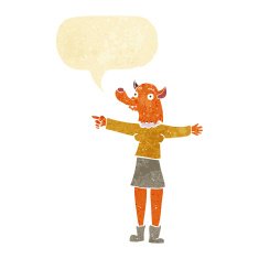 cartoon pointing fox woman with speech bubble