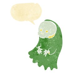 cartoon spooky ghoul with speech bubble N2