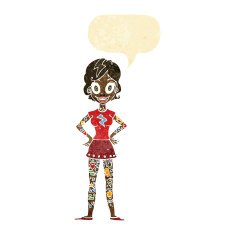 cartoon woman with heavy tattoos speech bubble