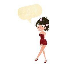 cartoon woman posing in dress with speech bubble N6