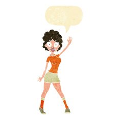 cartoon woman dancing with speech bubble N6