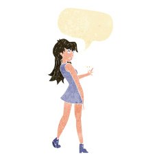 cartoon woman posing in dress with speech bubble N7