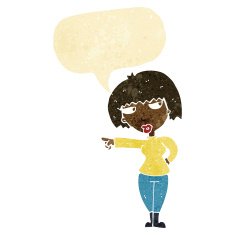 cartoon annoyed woman pointing with speech bubble N2