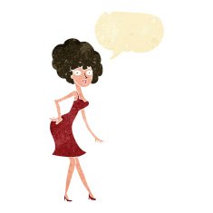 cartoon woman posing in dress with speech bubble N8