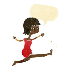 cartoon happy woman kicking with speech bubble