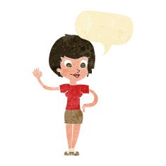 cartoon woman waving with speech bubble N63