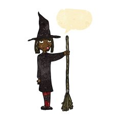 cartoon witch with speech bubble