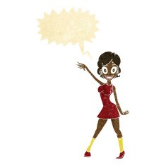 cartoon party girl with speech bubble