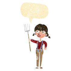 cartoon farmer girl with speech bubble N2