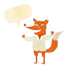 cartoon happy fox wearing shirt with speech bubble