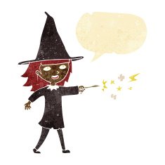 cartoon witch girl casting spell with speech bubble N4