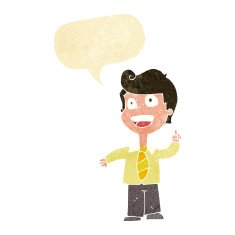 cartoon school boy raising hand with speech bubble N2