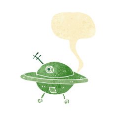 cartoon flying saucer with speech bubble