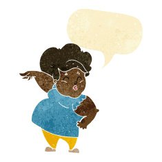 cartoon happy overweight lady with speech bubble N2