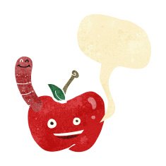cartoon apple with worm speech bubble N8