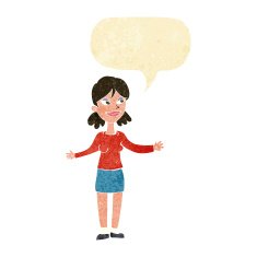 cartoon happy woman shrugging shoulders with speech bubble N4