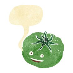 cartoon green tomato with speech bubble