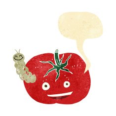cartoon tomato with bug speech bubble