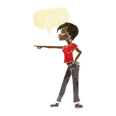 cartoon hip woman pointing with speech bubble N2