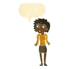 cartoon woman shrugging shoulders with speech bubble N99