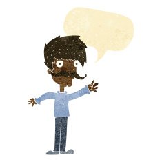 cartoon waving mustache man with speech bubble N2