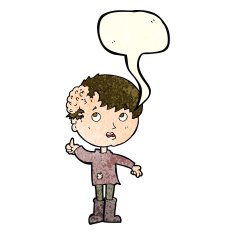 cartoon boy with growth on head speech bubble N9