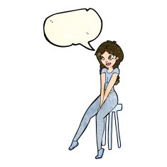 cartoon pretty girl on stool with speech bubble