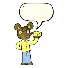 cartoon mouse holding cheese with speech bubble N4