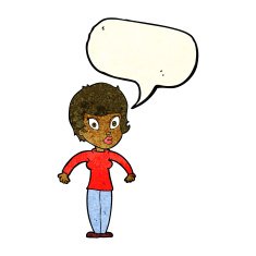 cartoon woman shrugging shoulders with speech bubble N100