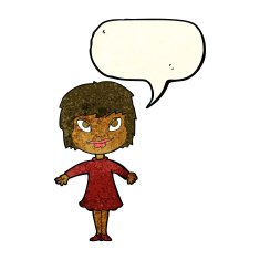 cartoon girl shrugging shoulders with speech bubble N7