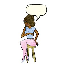 cartoon woman sitting on bar stool with speech bubble N5