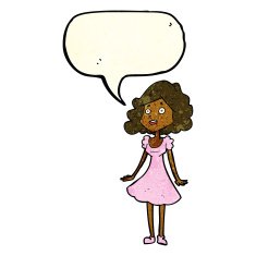 cartoon happy woman in dress with speech bubble N7